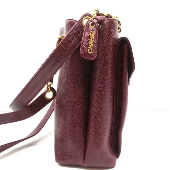 VINTAGE CHANEL 1990S CC FRONT POCKET TOTE BORDEAUX CAVIAR LEATHER SHOULDER BAG - Picture 4 of 12